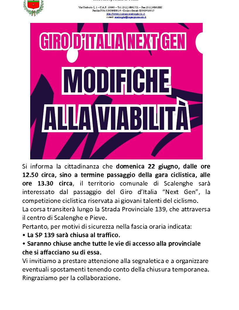 AVVISO CHIUSURA SP 139 - Passaggio del Giro d’Italia 